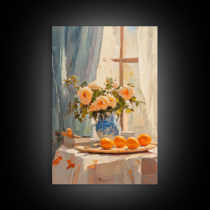 Peach Roses And Oranges By Window Framed Canvas Print, Kitchen Wall Art, French Country Decor, Floral Still Life Gift For Her
