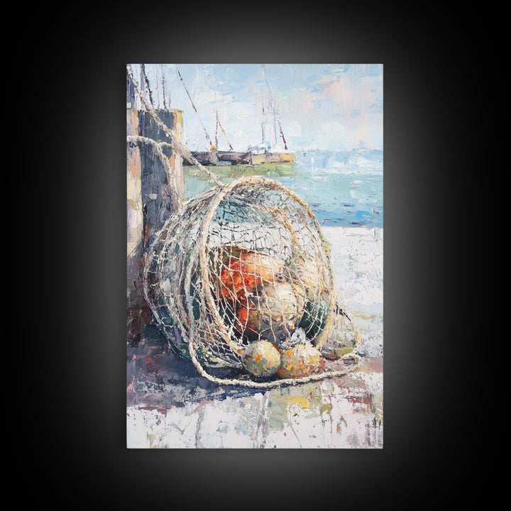 Fishing Net And Buoys By Harbor Wall Art, Coastal Wall Decor, Nautical Canvas Print, Beach House Decor, Ocean Art, Gift For Him