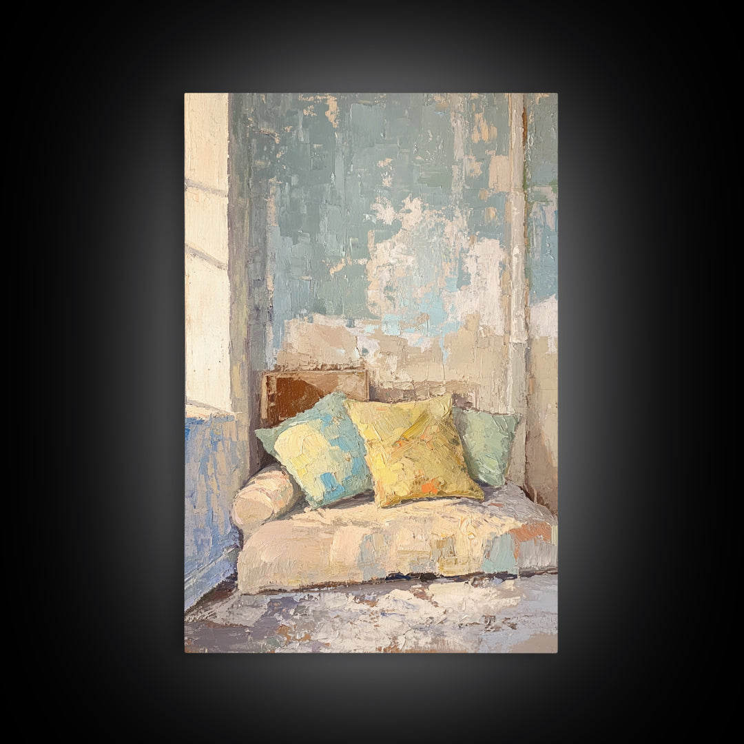 Sunlit Sofa With Pastel Pillows Wall Art, Cozy Bedroom Decor, Neutral Living Room Art, Apartment Decor, Housewarming Gift