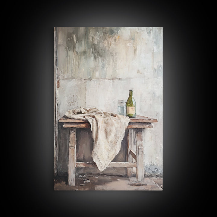 Rustic Wine Bottle And Linen On Weathered Table Framed Canvas Print, Neutral Farmhouse Kitchen Wall Decor Gift For New Home