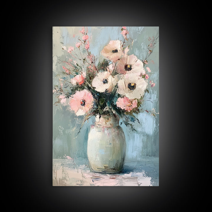 Soft Pink Poppies In Pale Ceramic Vase Wall Art, Textured Floral Canvas Print, Feminine Bedroom Decor Romantic Gift For Her