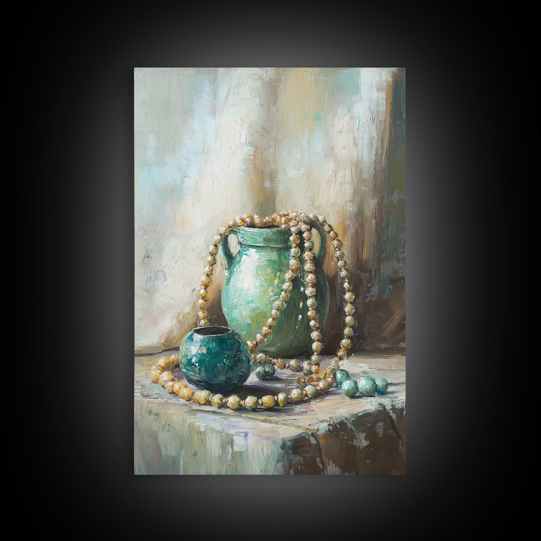 Turquoise Vases With Pearl Beads Still Life Wall Art, Elegant Framed Canvas Print For Bedroom Office Decor Gift For Her