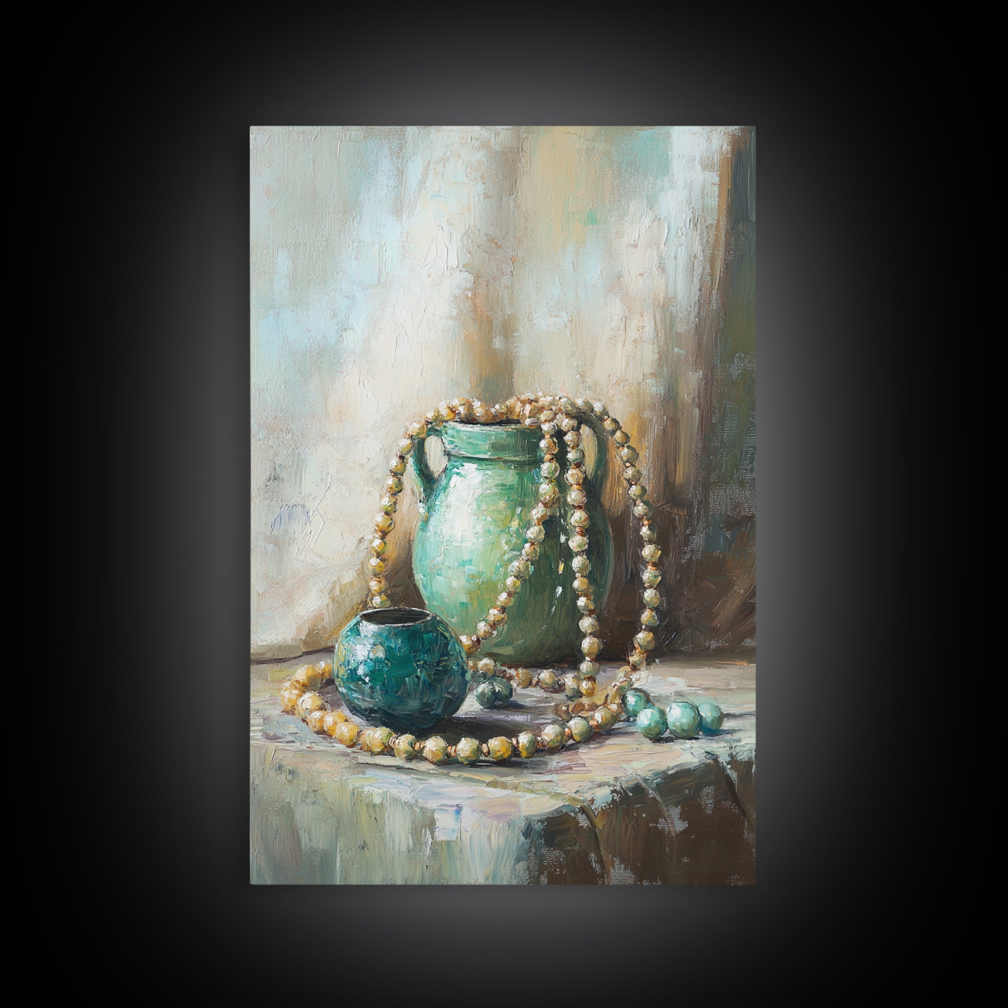 Turquoise Vases With Pearl Beads Still Life Wall Art, Elegant Framed Canvas Print For Bedroom Office Decor Gift For Her