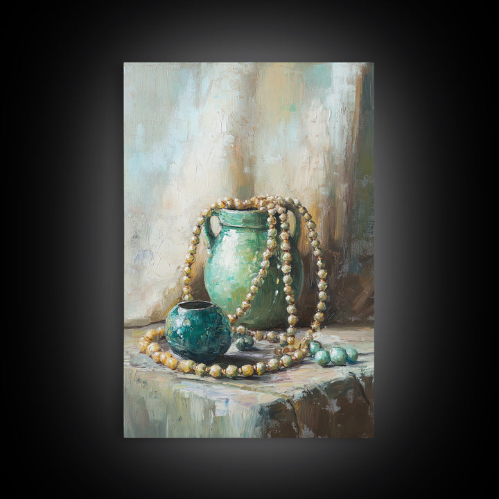 Turquoise Vases With Pearl Beads Still Life Wall Art, Elegant Framed Canvas Print For Bedroom Office Decor Gift For Her