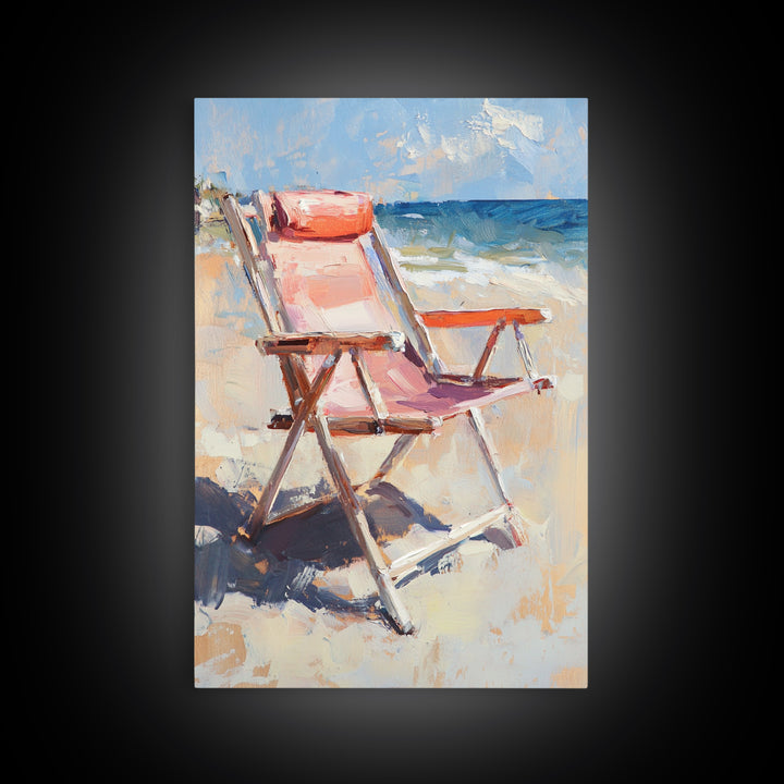 Pink Beach Chair Beside Blue Ocean Canvas Print, Coastal Wall Art For Beach House Decor, Summer Living Room Gift For Her