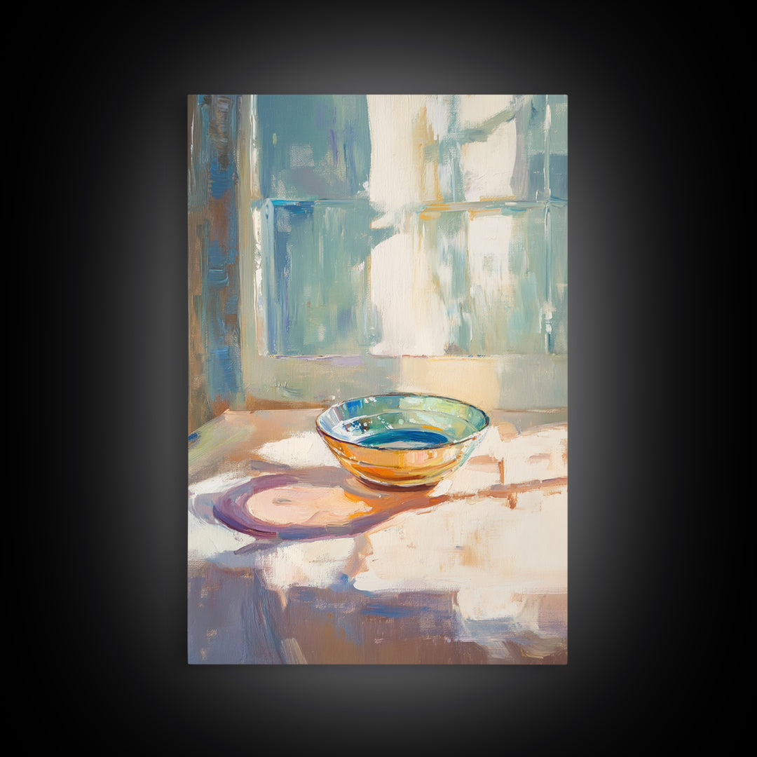 Sunlit Glass Bowl By Window Wall Art, Minimalist Still Life Print, Soft Blue Kitchen Decor, Modern Coastal Home Decor Gift