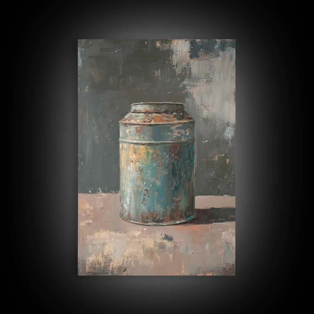 Rustic Blue Tin Can Still Life Canvas Print, Wabi Sabi Wall Art, Industrial Farmhouse Decor, Neutral Kitchen Print Home Decor
