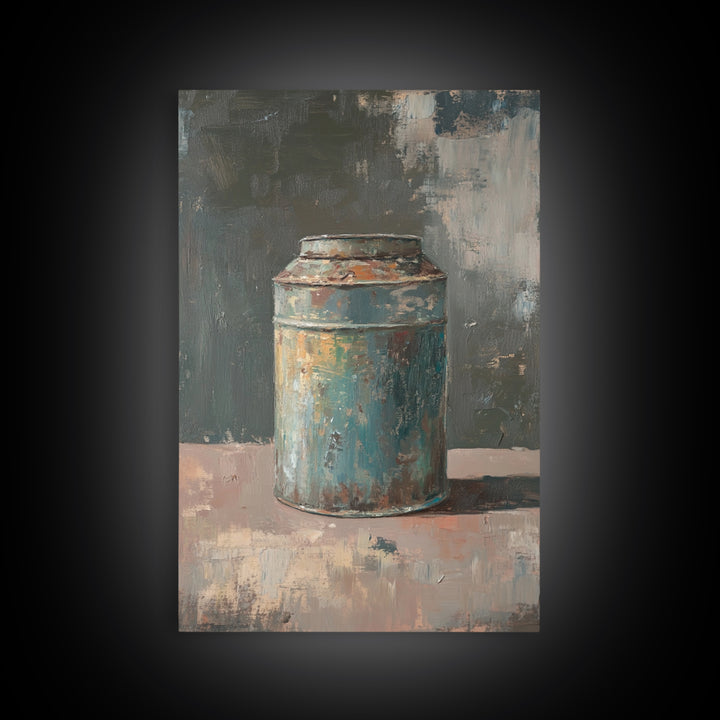 Rustic Blue Tin Can Still Life Canvas Print, Wabi Sabi Wall Art, Industrial Farmhouse Decor, Neutral Kitchen Print Home Decor