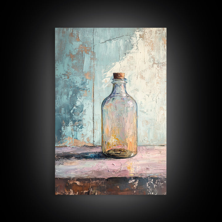 Iridescent Glass Bottle On Blue Plaster Wall Art, Minimalist Still Life Print, Wabi Sabi Kitchen Decor, Modern Home Gift