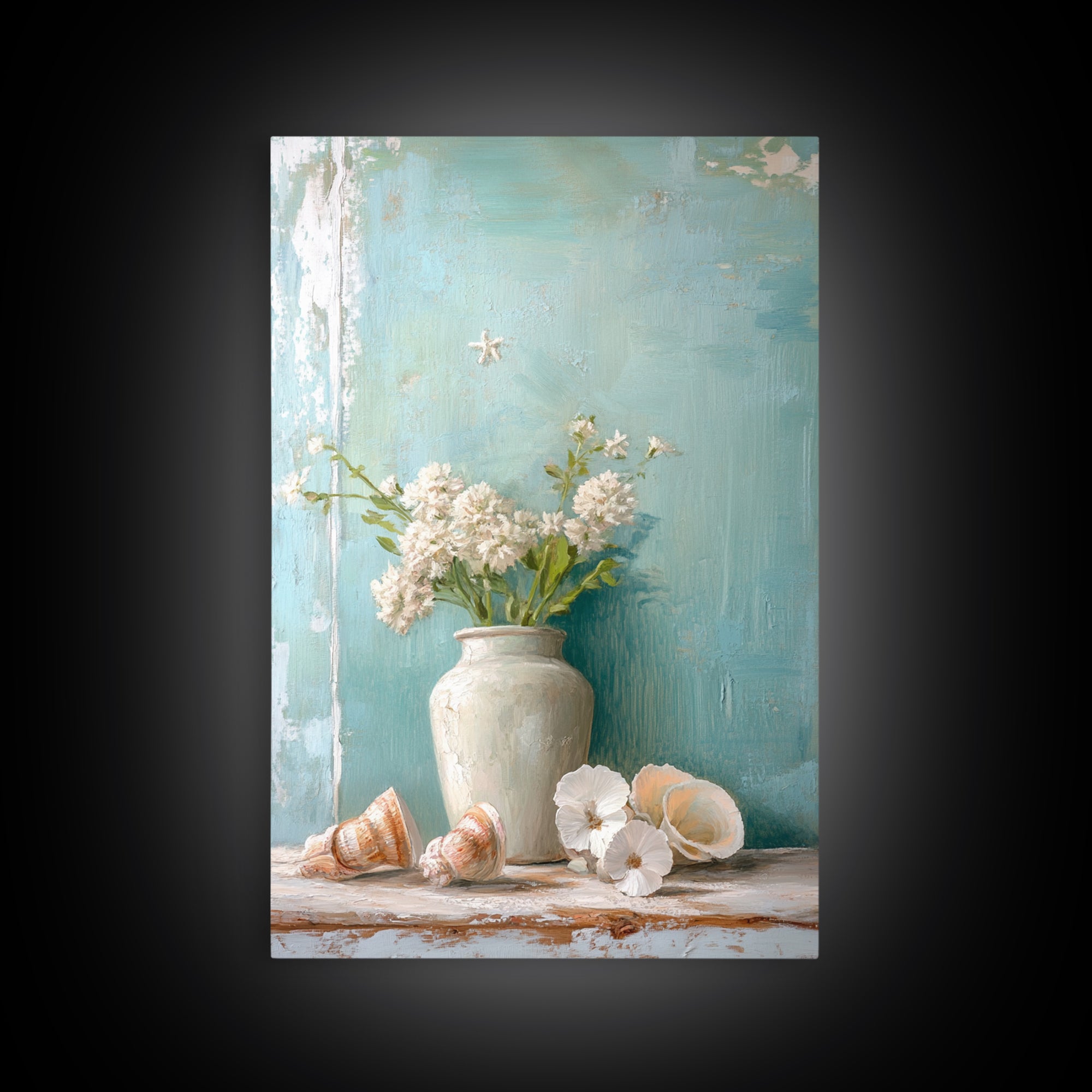 White Hydrangea Vase With Seashells Framed Canvas Print, Coastal Wall Art, Beach House Decor, Soft Neutral Home Decor, Bathroom Wall Decor