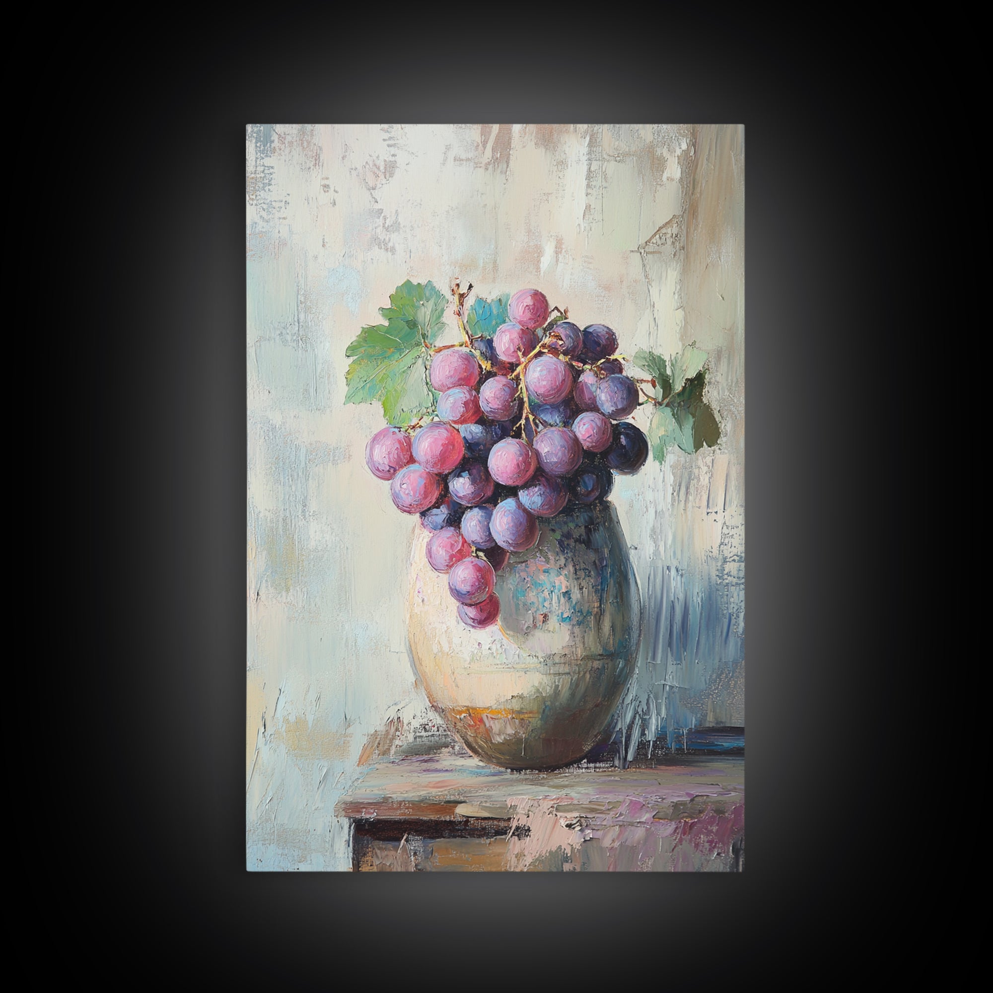 Purple Grapes In Rustic Ceramic Vase Wall Art, Vineyard Still Life Oil Painting, Wine Kitchen Decor, Farmhouse Canvas Print