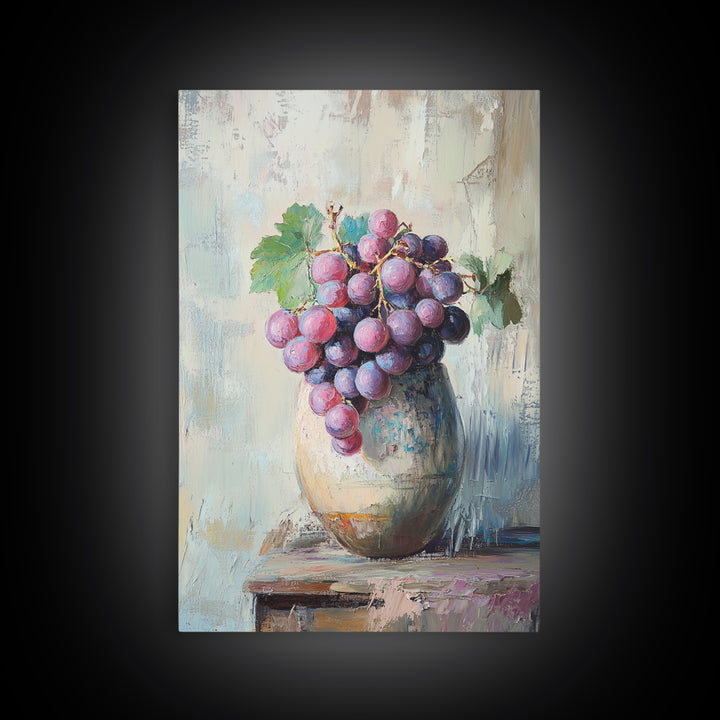 Purple Grapes In Rustic Ceramic Vase Wall Art, Vineyard Still Life Oil Painting, Wine Kitchen Decor, Farmhouse Canvas Print