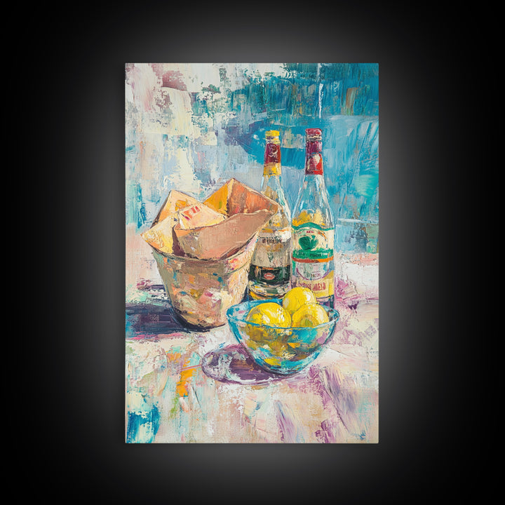 Bottles Lemons And Ice Bucket Canvas Print, Colorful Bar Cart Wall Art, Cocktail Kitchen Decor, Eclectic Dining Room Print