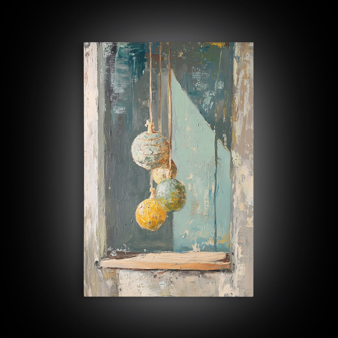 Hanging Textured Ornaments Canvas Print, Rustic Window Still Life, Boho Wall Decor, Neutral Modern Farmhouse Home Decor Art