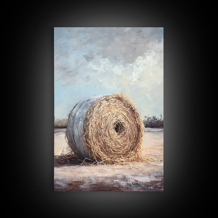 Round Hay Bale Field Wall Art, Rustic Farmhouse Landscape Painting, Country Home Decor, Neutral Large Canvas Print Gift For Her