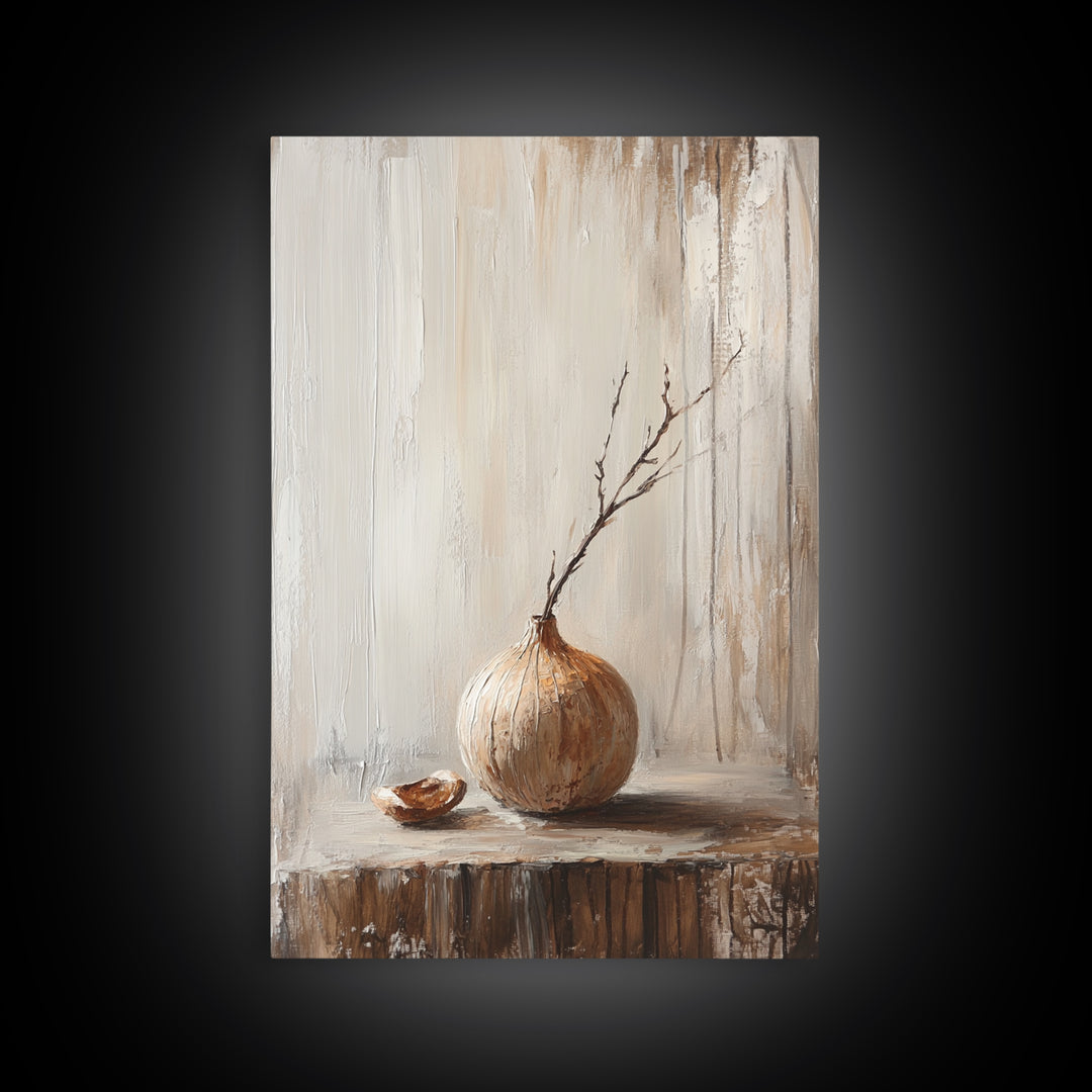 Minimal Onion Still Life Canvas Print, Neutral Kitchen Wall Art, Rustic Farmhouse Decor, Contemporary Vegetable Art Print