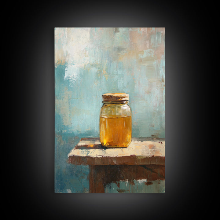 Golden Honey Jar Canvas Print, Rustic Kitchen Wall Art, Farmhouse Still Life Decor, Bee Lover Gift, Modern Home Decor Art