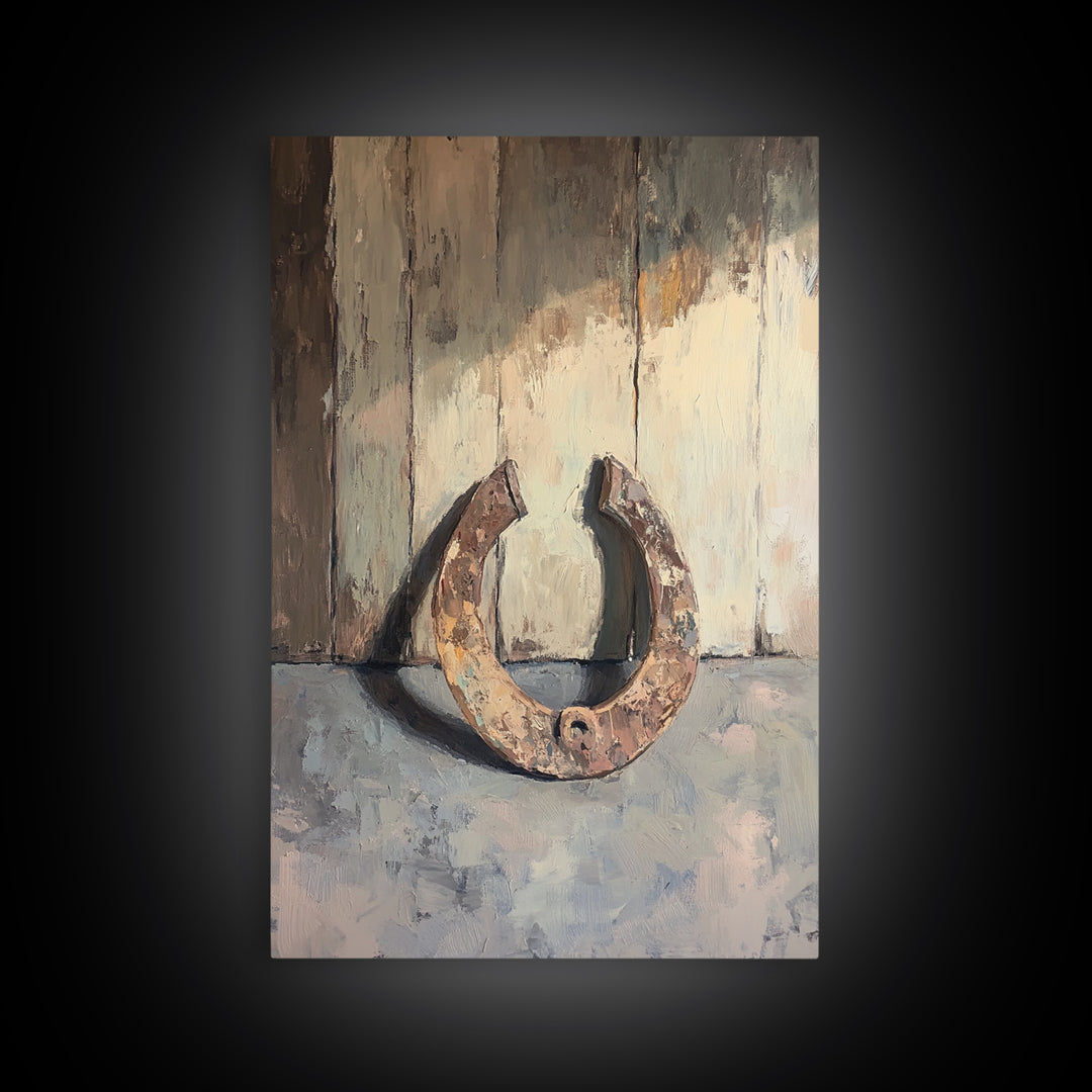 Rusty Horseshoe Still Life Wall Art, Western Farmhouse Decor, Rustic Country Canvas Print, Horse Lover Gift For Him Man Cave Decor