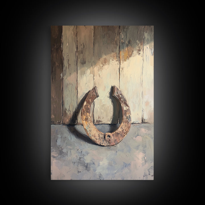 Rusty Horseshoe Still Life Wall Art, Western Farmhouse Decor, Rustic Country Canvas Print, Horse Lover Gift For Him Man Cave Decor
