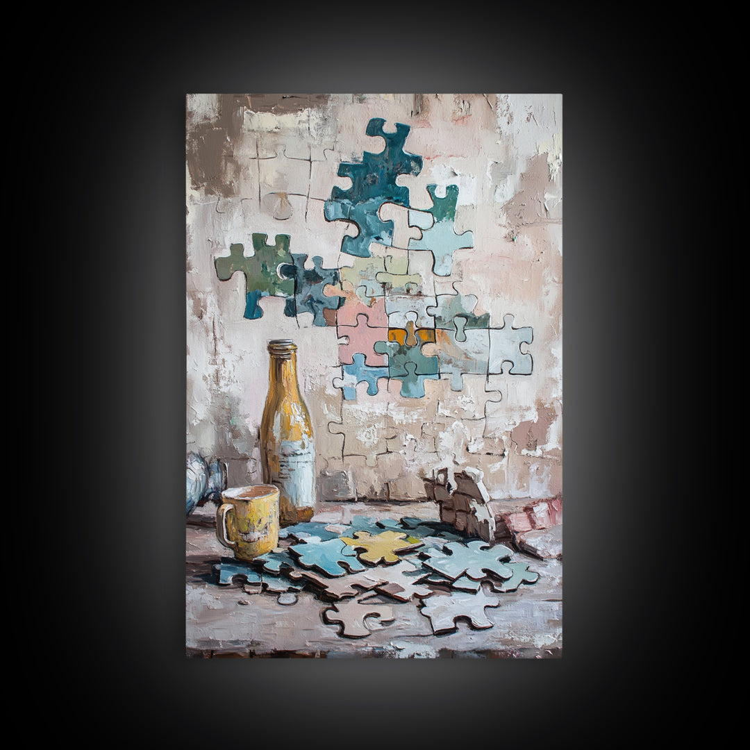 Puzzle Pieces And Bottle Still Life Canvas Print, Whimsical Wall Art, Game Room Decor, Eclectic Wall Art, Unique Gift, Living Room Decor