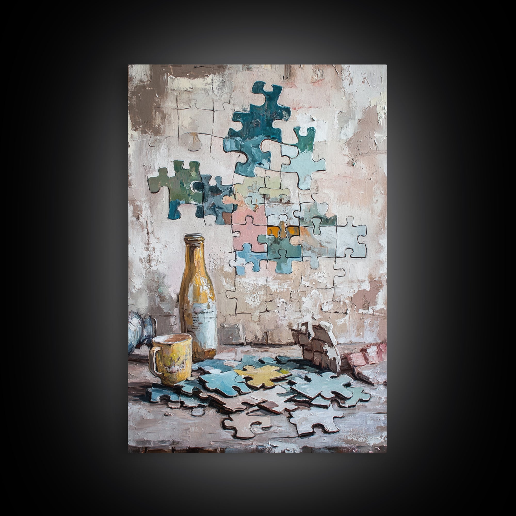 Puzzle Pieces And Bottle Still Life Canvas Print, Whimsical Wall Art, Game Room Decor, Eclectic Wall Art, Unique Gift, Living Room Decor