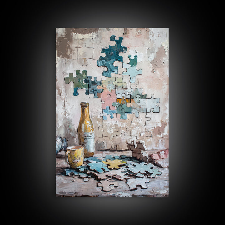 Puzzle Pieces And Bottle Still Life Canvas Print, Whimsical Wall Art, Game Room Decor, Eclectic Wall Art, Unique Gift, Living Room Decor