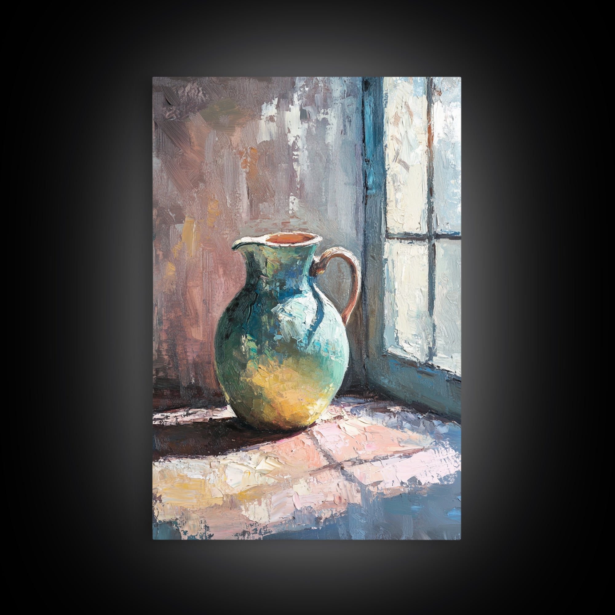 Turquoise Pitcher By Sunlit Window Wall Art, Rustic Kitchen Decor, Still Life Oil Painting, Farmhouse Home Decor Gift For Her