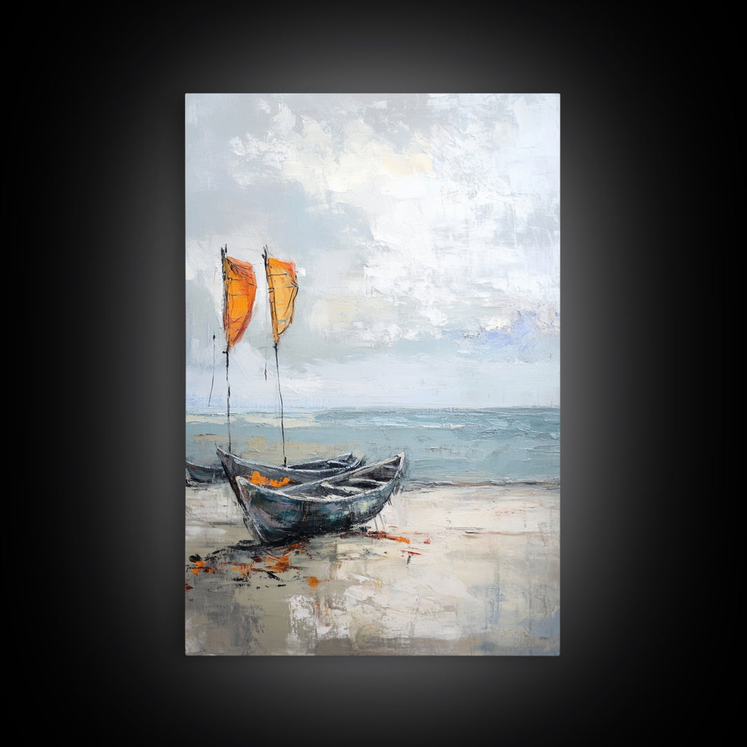 Orange Sailboats On Misty Beach Framed Canvas Print, Coastal Wall Art, Nautical Decor, Ocean Seascape Beach House Gift For Him
