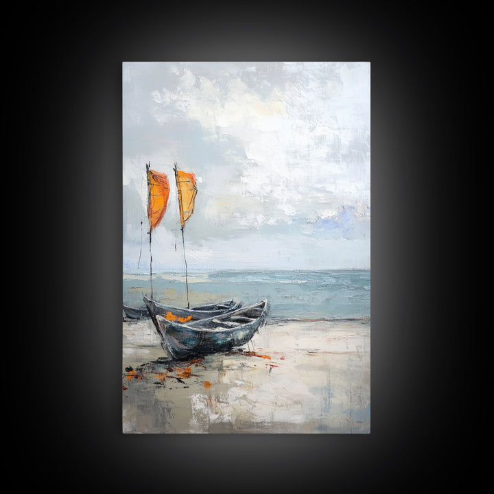 Orange Sailboats On Misty Beach Framed Canvas Print, Coastal Wall Art, Nautical Decor, Ocean Seascape Beach House Gift For Him