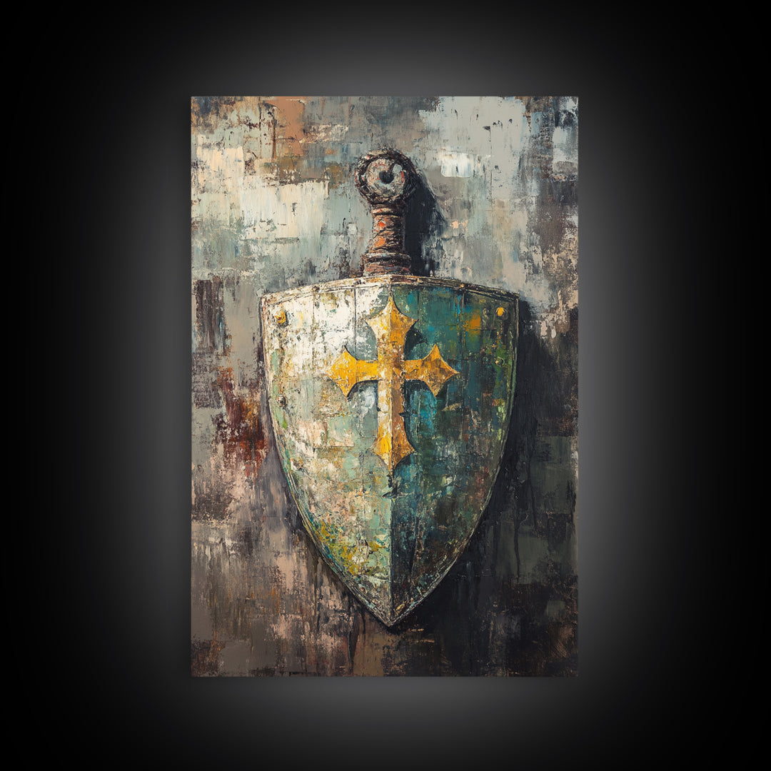 Medieval Shield And Sword Wall Art, Gothic Framed Canvas Print, Fantasy Decor, Knight Armor Gift For Him Home Office Man Cave Decor