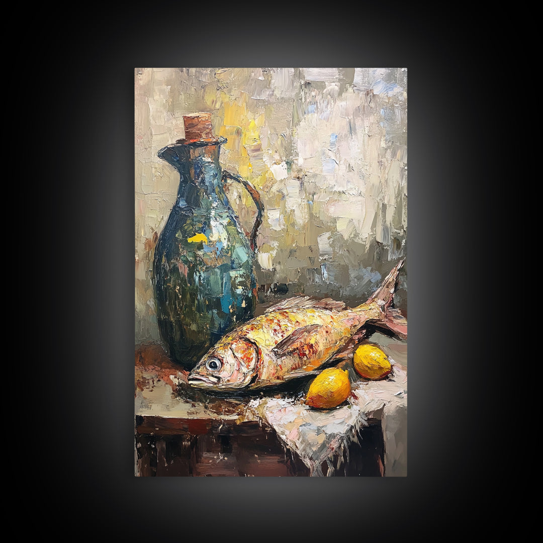 Mediterranean Fish Still Life With Lemons Framed Canvas Print, Coastal Kitchen Wall Art, Seafood Decor, Foodie Gift For Home Chefs
