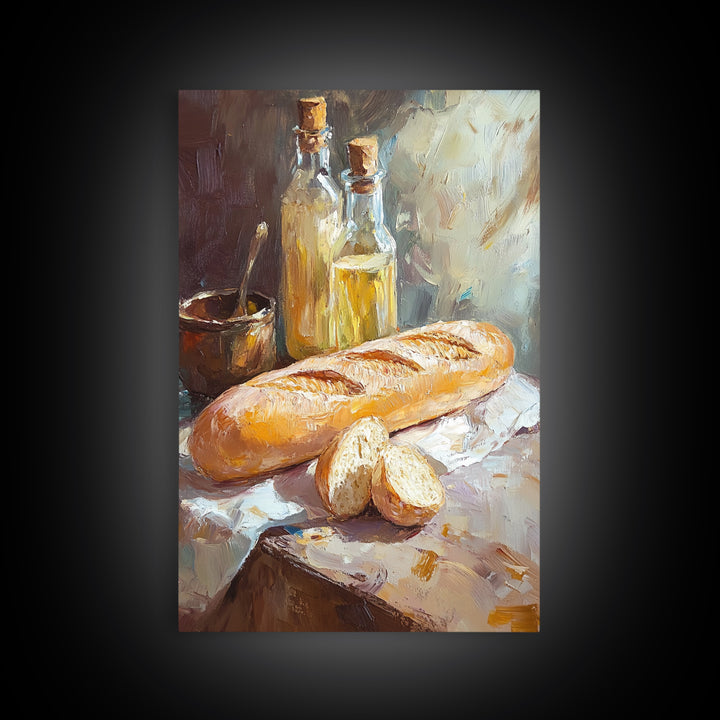 Rustic Baguette And Olive Oil Still Life Canvas Print, French Kitchen Wall Art, Bakery Decor, Food Lover Housewarming Gift