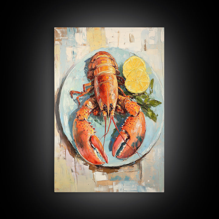 Red Lobster With Lemon Seafood Wall Art, Coastal Kitchen Decor, Nautical Canvas Print, Beach House Decor Gift For Food Lover