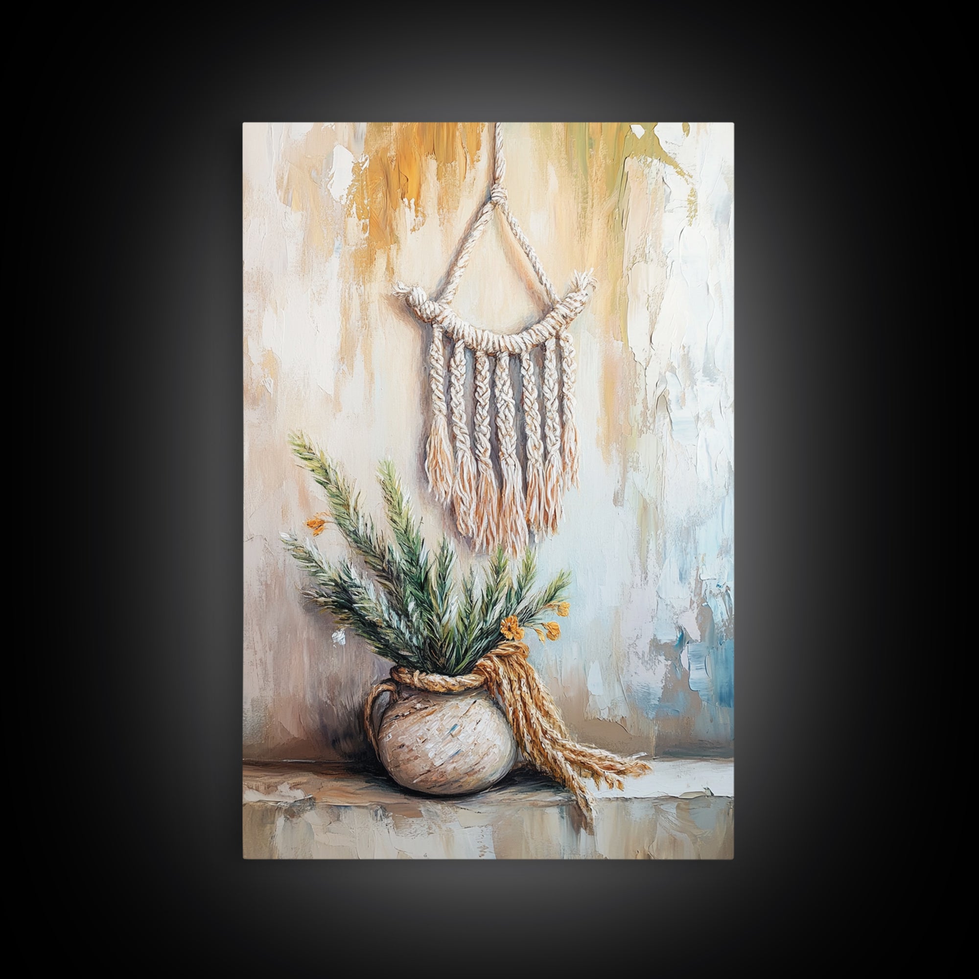 Macrame Hanging With Potted Greenery Wall Art, Boho Wall Decor, Neutral Rustic Home Decor, Wabi Sabi Housewarming Gift For Her
