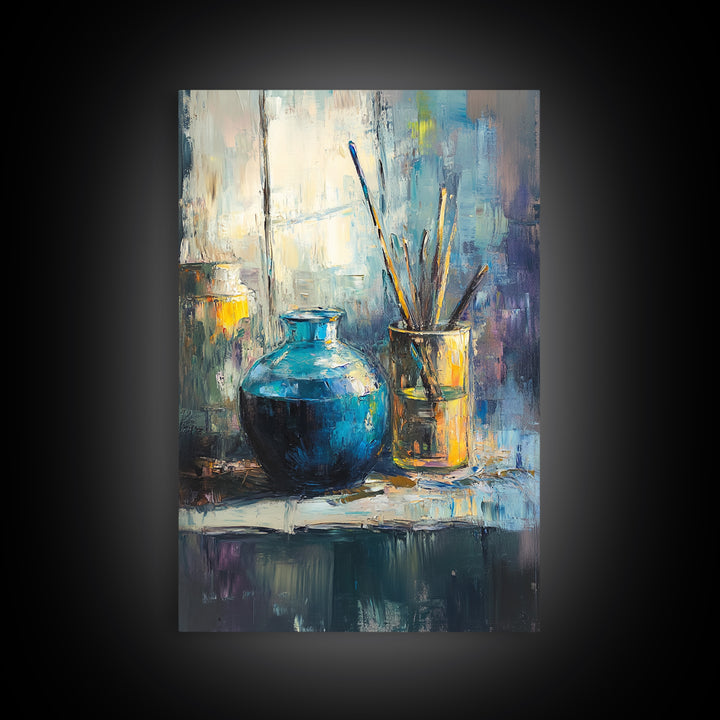 Blue Ceramic Vase With Artist Brushes Wall Art, Textured Still Life Oil Painting, Modern Home Decor, Living Room Art Print