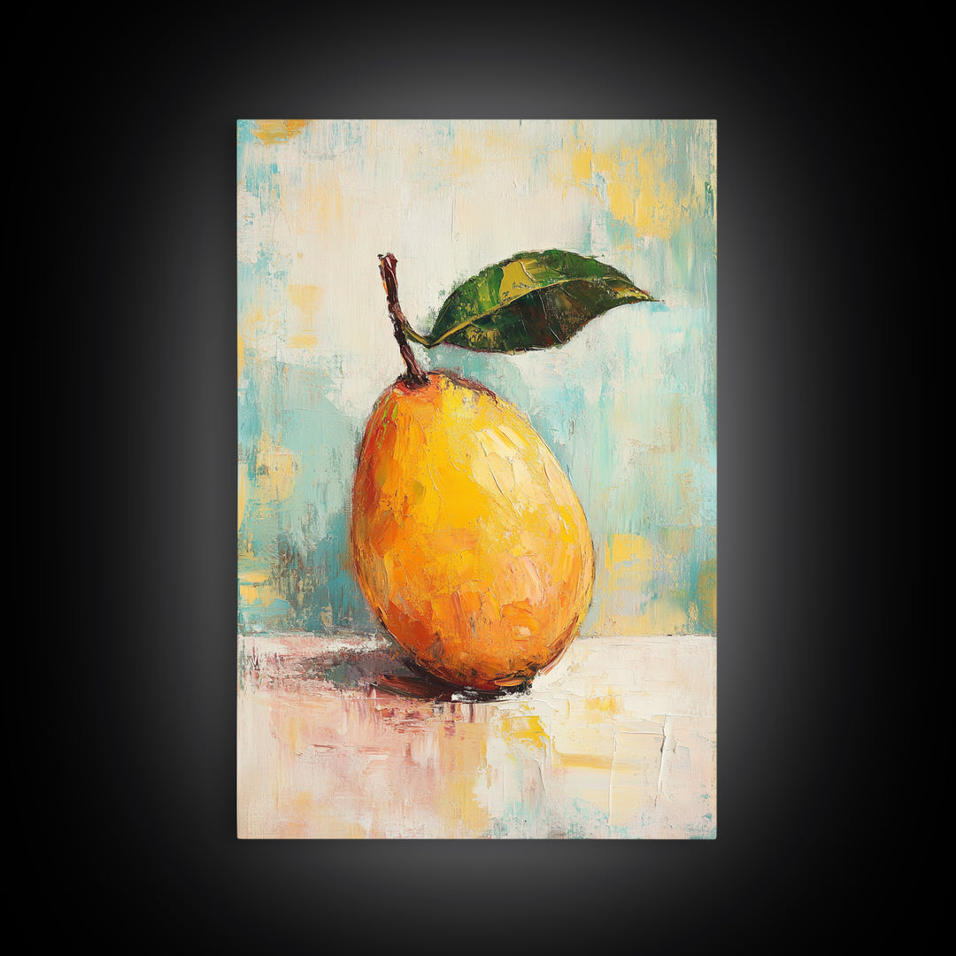Golden Pear With Green Leaf Wall Art, Textured Fruit Still Life Oil Painting, Kitchen Wall Art, Farmhouse Home Decor, Dining Room Print