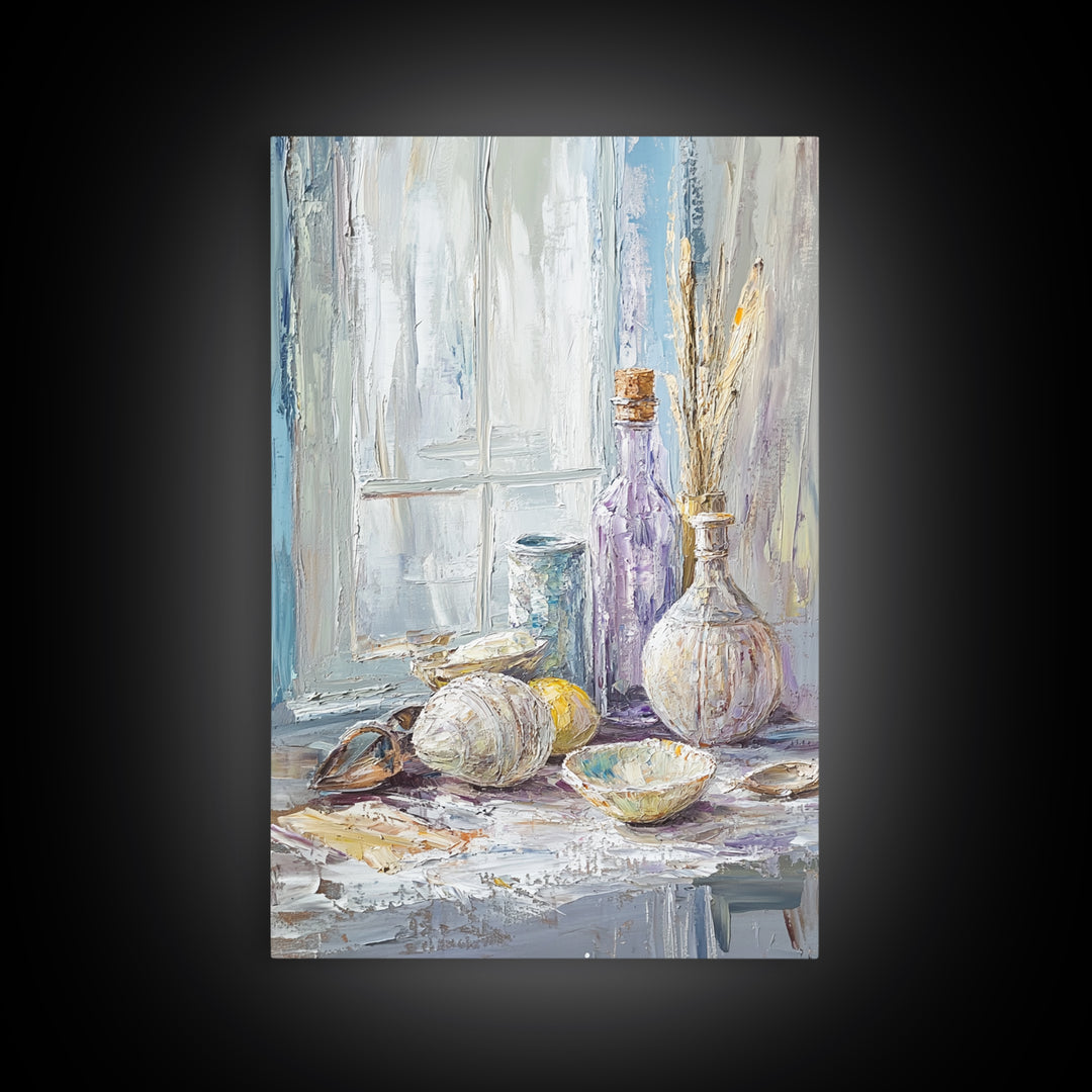Seashells And Purple Bottle By Window Wall Art, Coastal Still Life Oil Painting, Beach House Decor, Neutral Wall Decor, Bathroom Art