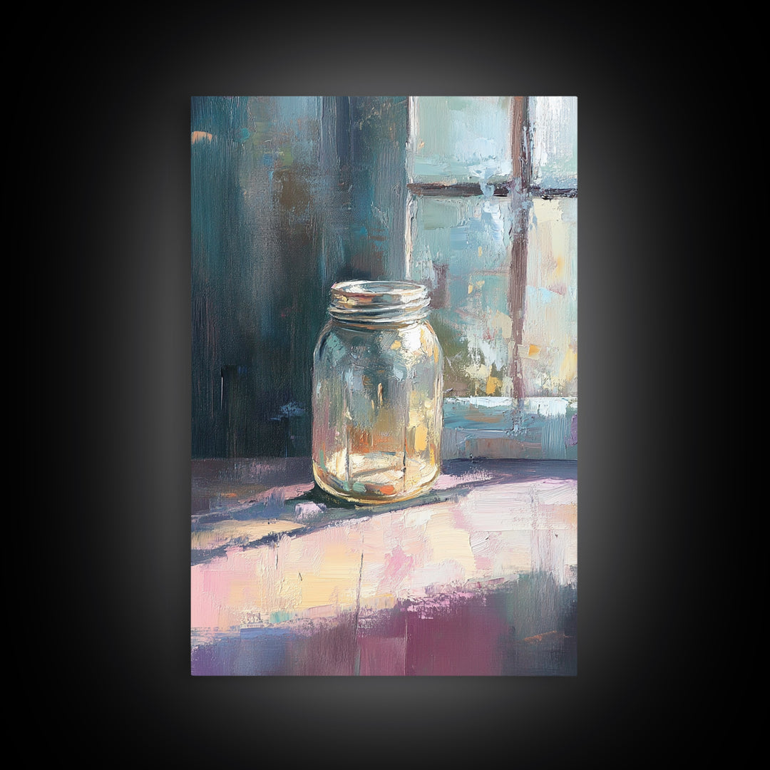 Sunlit Mason Jar On Windowsill Canvas Print, Minimalist Still Life Oil Painting, Rustic Kitchen Decor, Farmhouse Wall Art