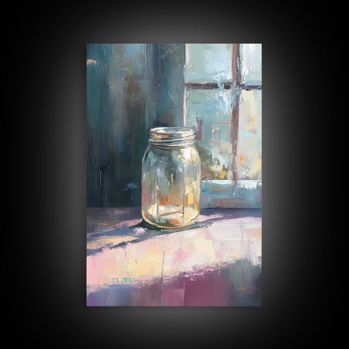 Sunlit Mason Jar On Windowsill Canvas Print, Minimalist Still Life Oil Painting, Rustic Kitchen Decor, Farmhouse Wall Art