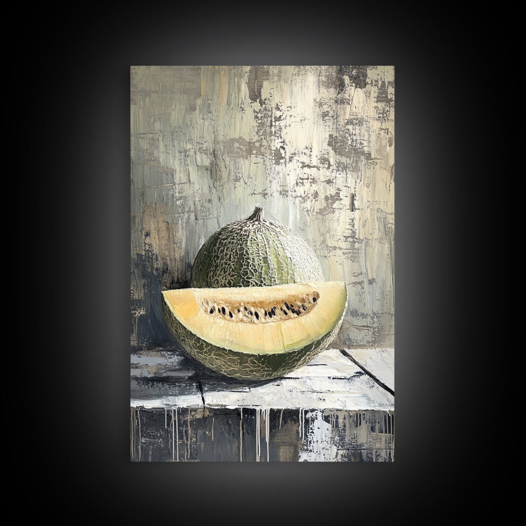 Cantaloupe Melon Still Life Wall Art, Rustic Kitchen Decor, Fruit Painting Print, Farmhouse Dining Room Art For Home Decor