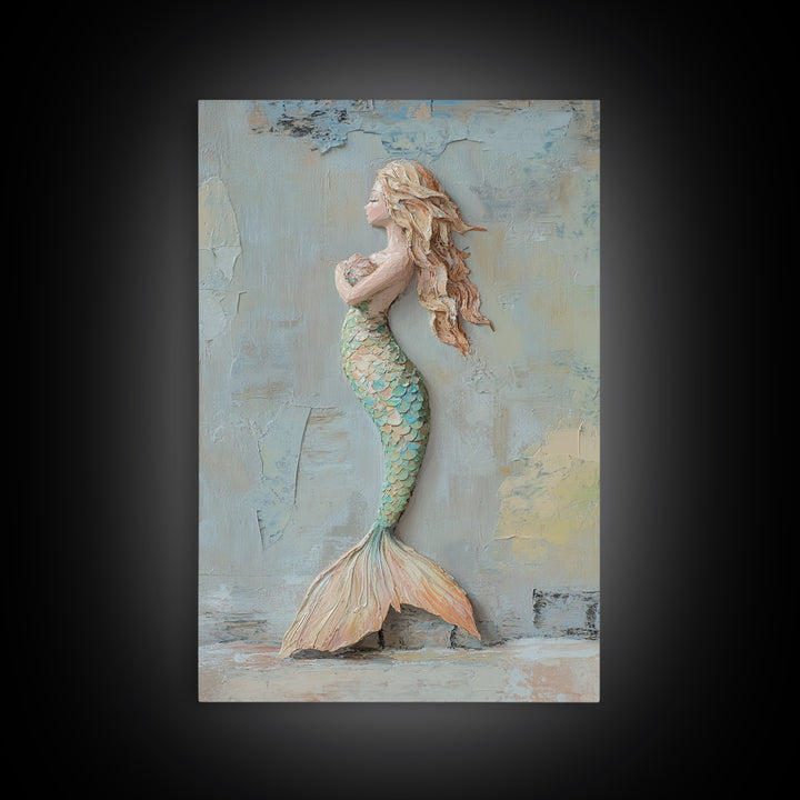 Textured Mermaid Figure Wall Art, Coastal Fantasy Decor, Nautical Canvas Print, Whimsical Ocean Art, Beach House Decor Gift