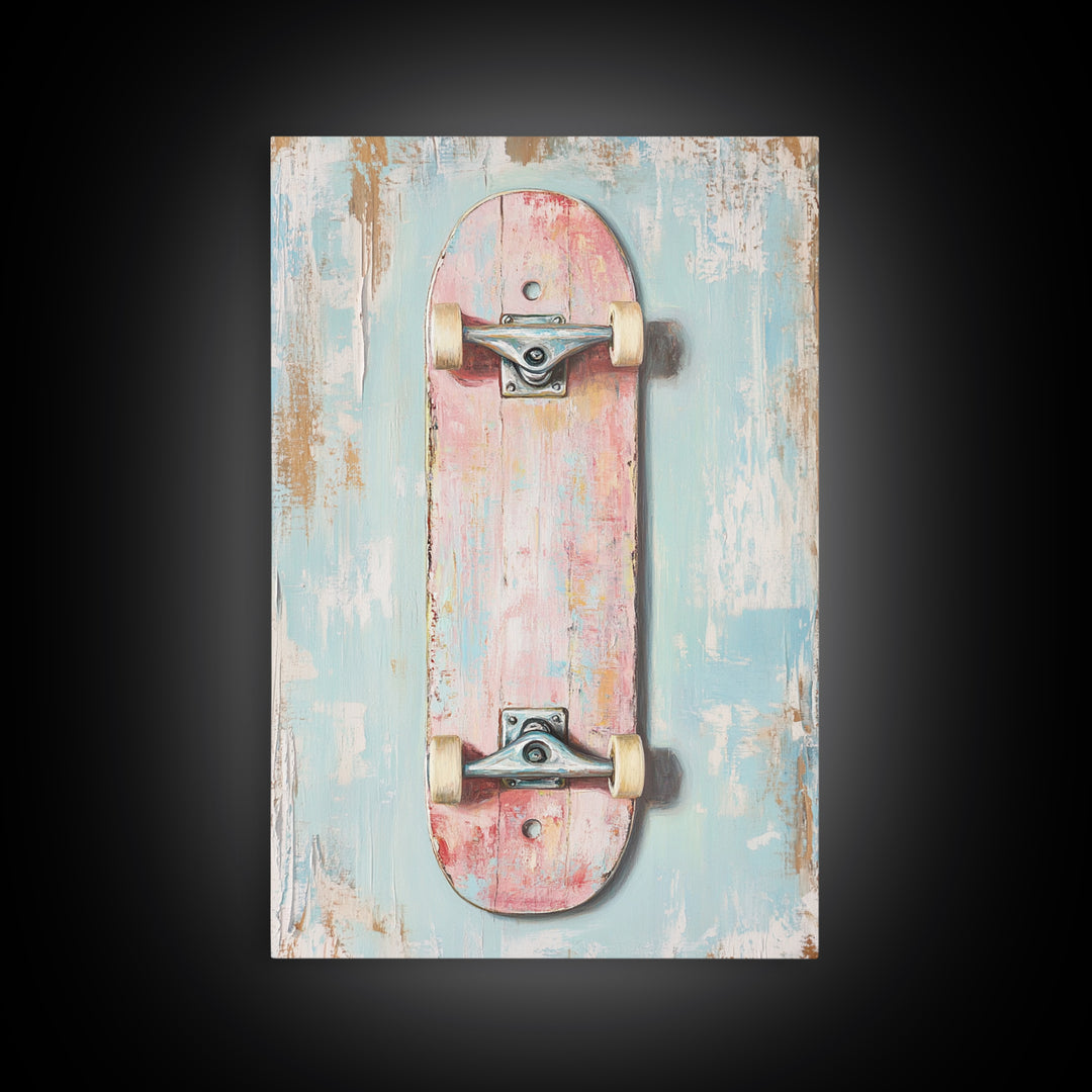 Pastel Pink Skateboard On Distressed Blue Wall Art, Retro Sport Decor, Skater Gift, Trendy Canvas Print For Kids Room Decor