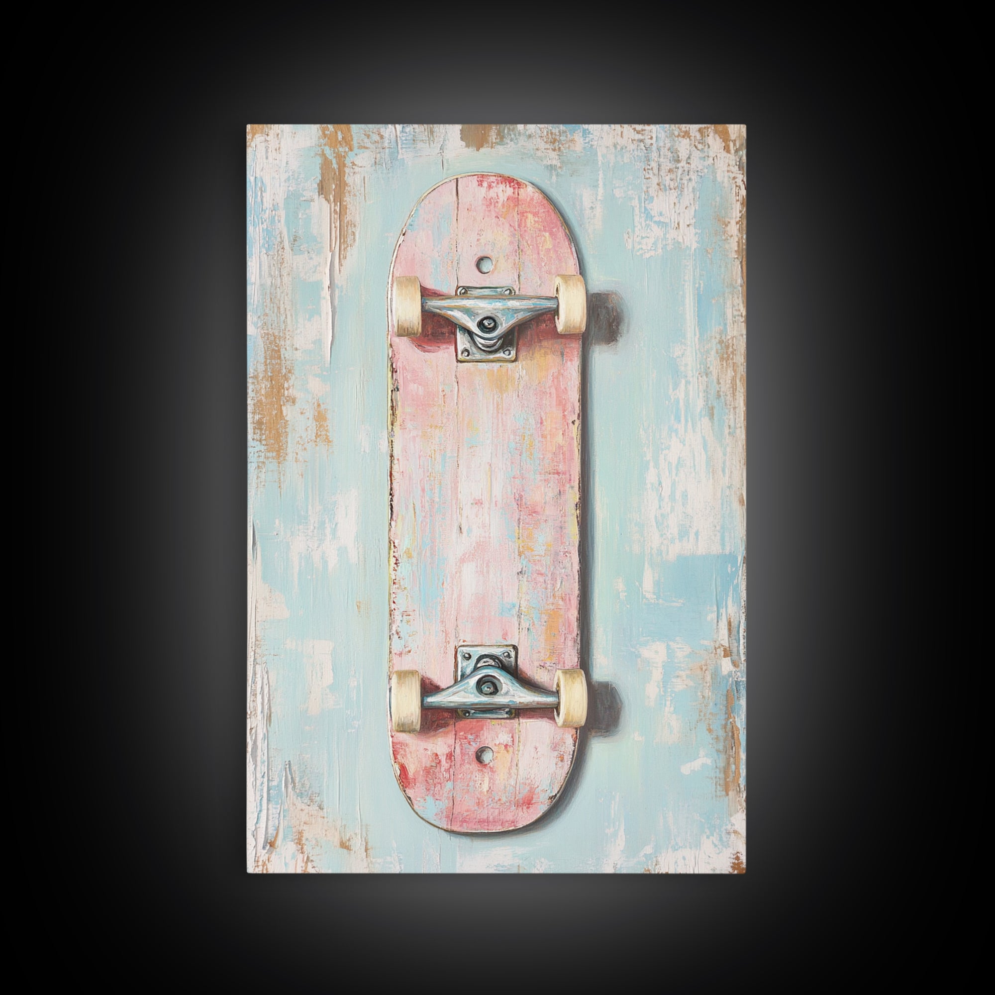 Pastel Pink Skateboard On Distressed Blue Wall Art, Retro Sport Decor, Skater Gift, Trendy Canvas Print For Kids Room Decor