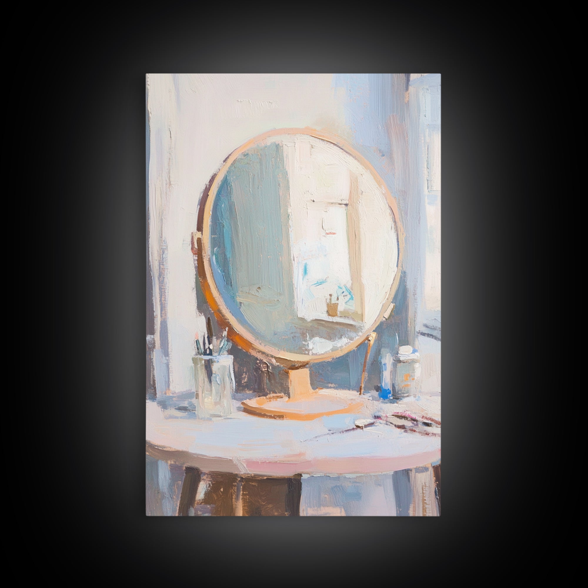 Soft Sunlit Vanity Mirror Still Life Wall Art, Feminine Bedroom Decor, Beauty Room Art, Neutral Framed Canvas Print For Modern Home Decor