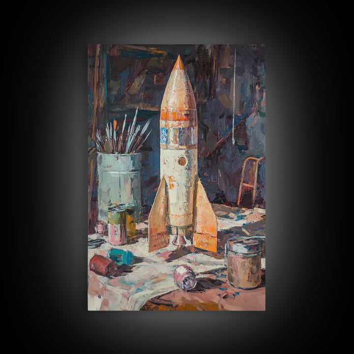 Weathered Toy Rocket In Artist Studio Wall Art, Retro Space Decor, Sci Fi Art Print, Bold Framed Canvas Print For Kids Room