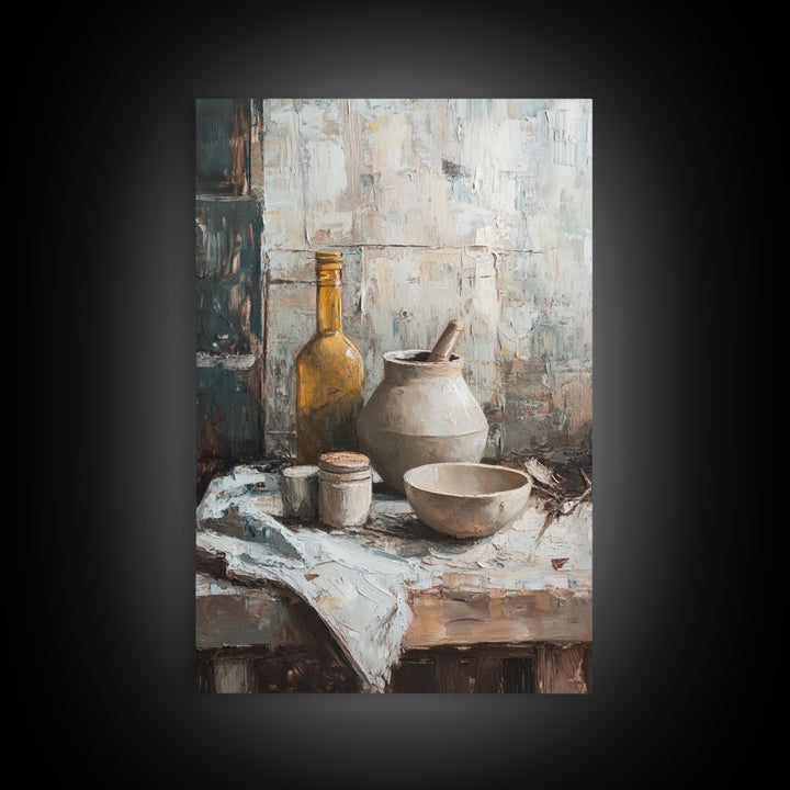 Rustic Pottery Bowl And Olive Bottle Wall Art, Neutral Kitchen Still Life Painting, Farmhouse Framed Canvas Print For Dining Room Decor