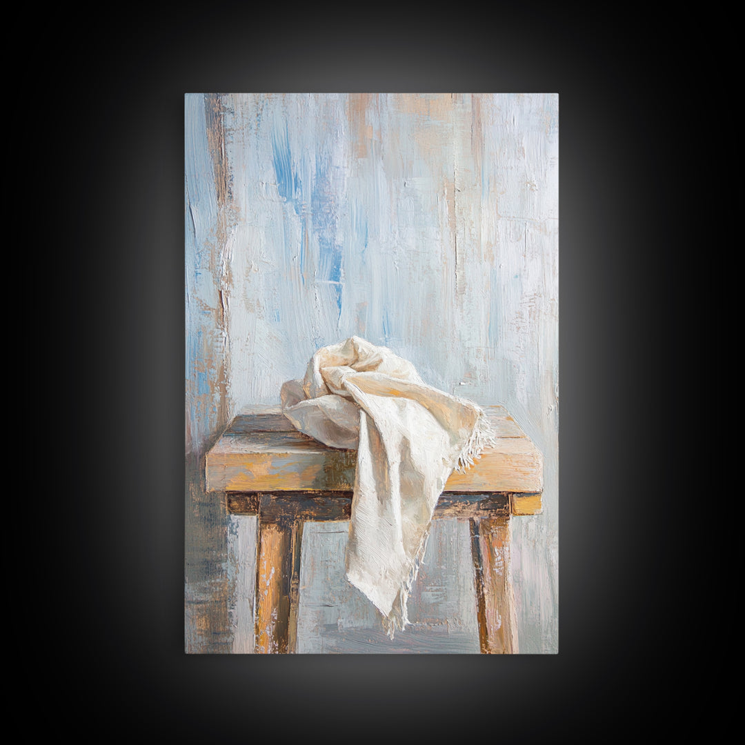 Weathered Wooden Stool With Linen Cloth Canvas Print, Minimalist Rustic Wall Art, Neutral Farmhouse Decor For Bedroom And Living Room