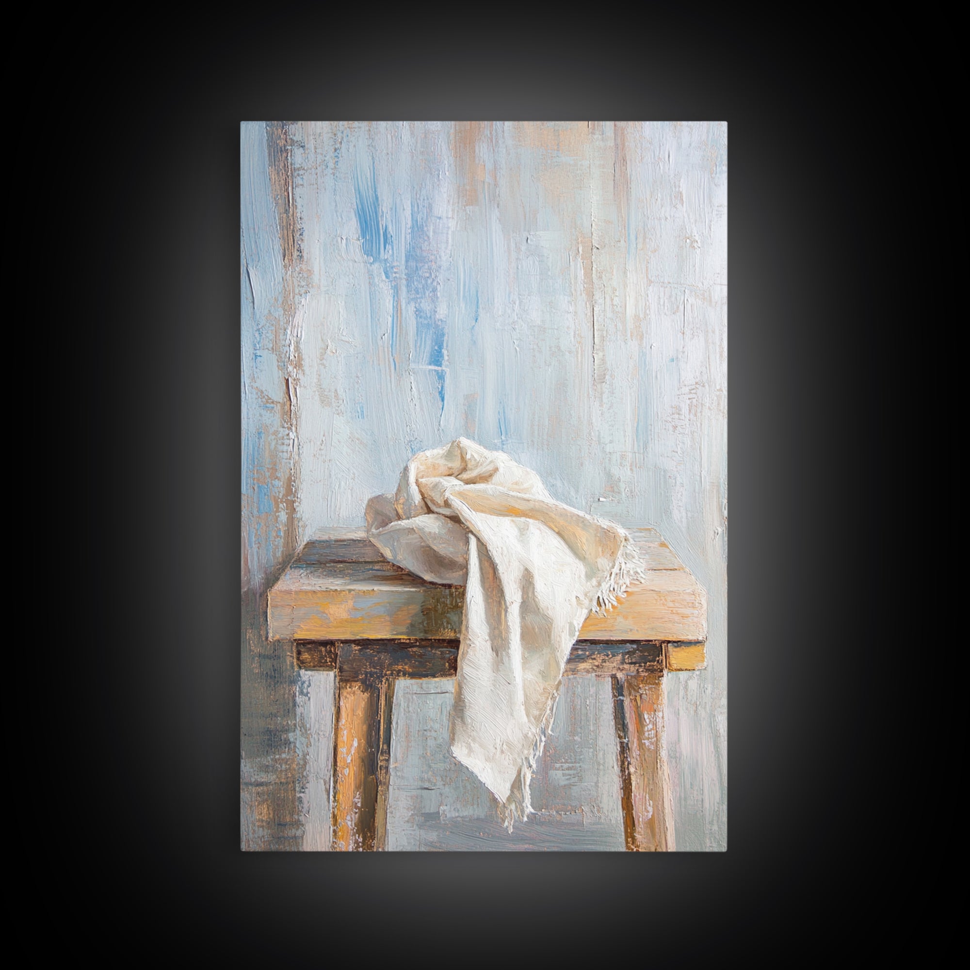 Weathered Wooden Stool With Linen Cloth Canvas Print, Minimalist Rustic Wall Art, Neutral Farmhouse Decor For Bedroom And Living Room