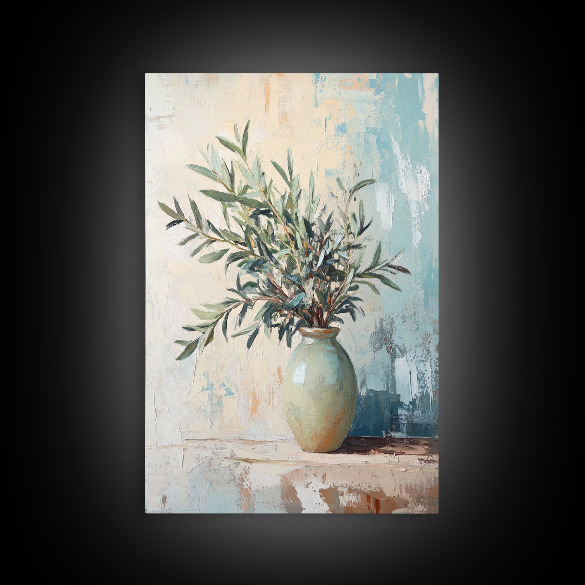 Olive Branches In Ceramic Vase Canvas Print, Mediterranean Botanical Wall Art, Minimalist Kitchen Decor, Neutral Home Decor
