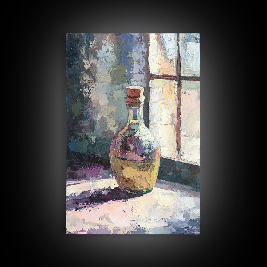 Sunlit Glass Bottle By Window Wall Art, Moody Still Life Painting, Rustic Kitchen Decor, Contemporary Canvas Print For Home